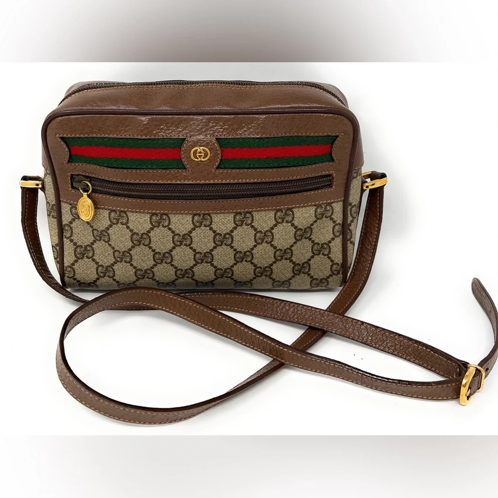 Gucci Brown GG Canvas Crossbody with Green-Red Web Stripe - Picture 1 of 15